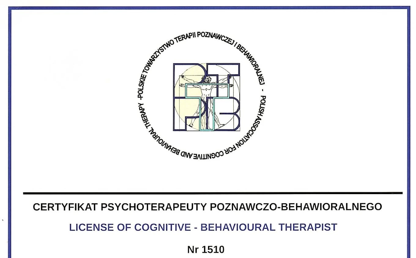Certyfikat psychoterapeuty poznawczo-behawioralnego Polskiego Towarzystwa Terapii Poznawczej i Behawioralnej, nr 1510