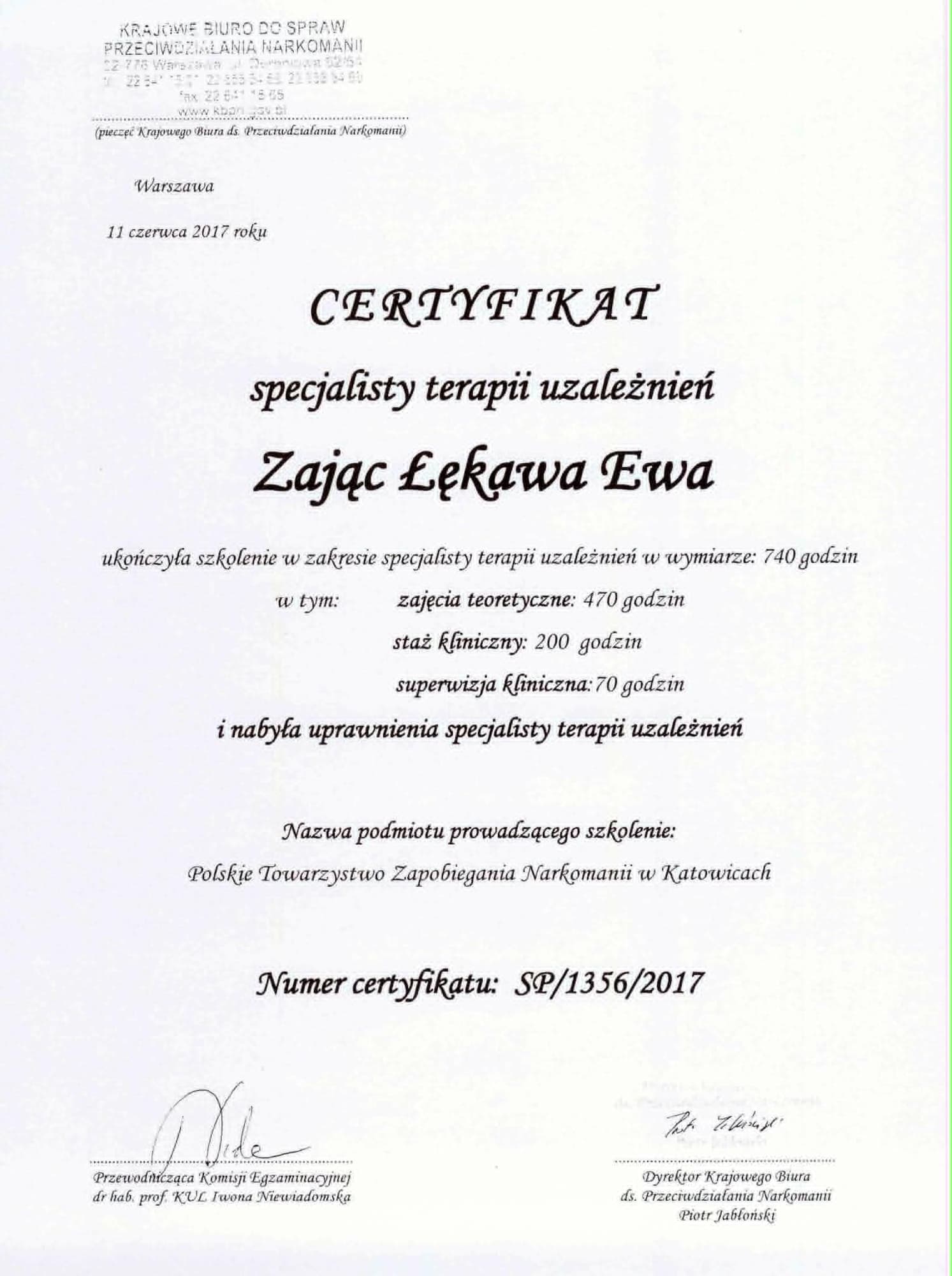 Certyfikat specjalisty terapii uzależnień wydany przez Krajowe Biuro do Spraw Przeciwdziałania Narkomanii, nr SP/1356/2017